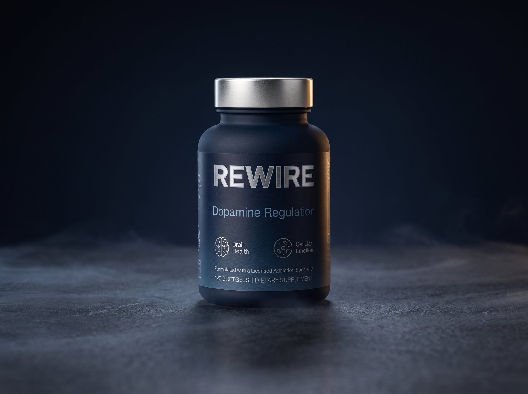 REWIRE Dopamine Regulation bottle, cinematic dark render