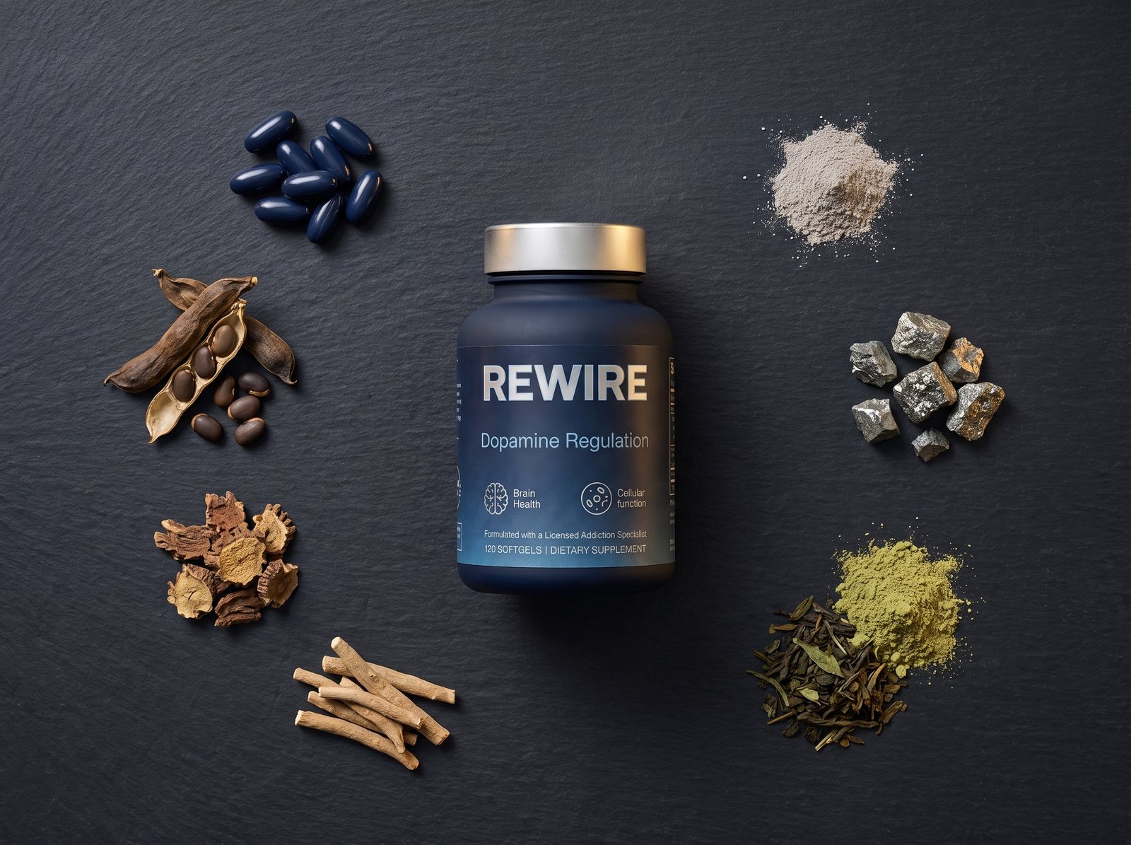 The REWIRE actives: mucuna, ashwagandha and rhodiola root, zinc, green tea