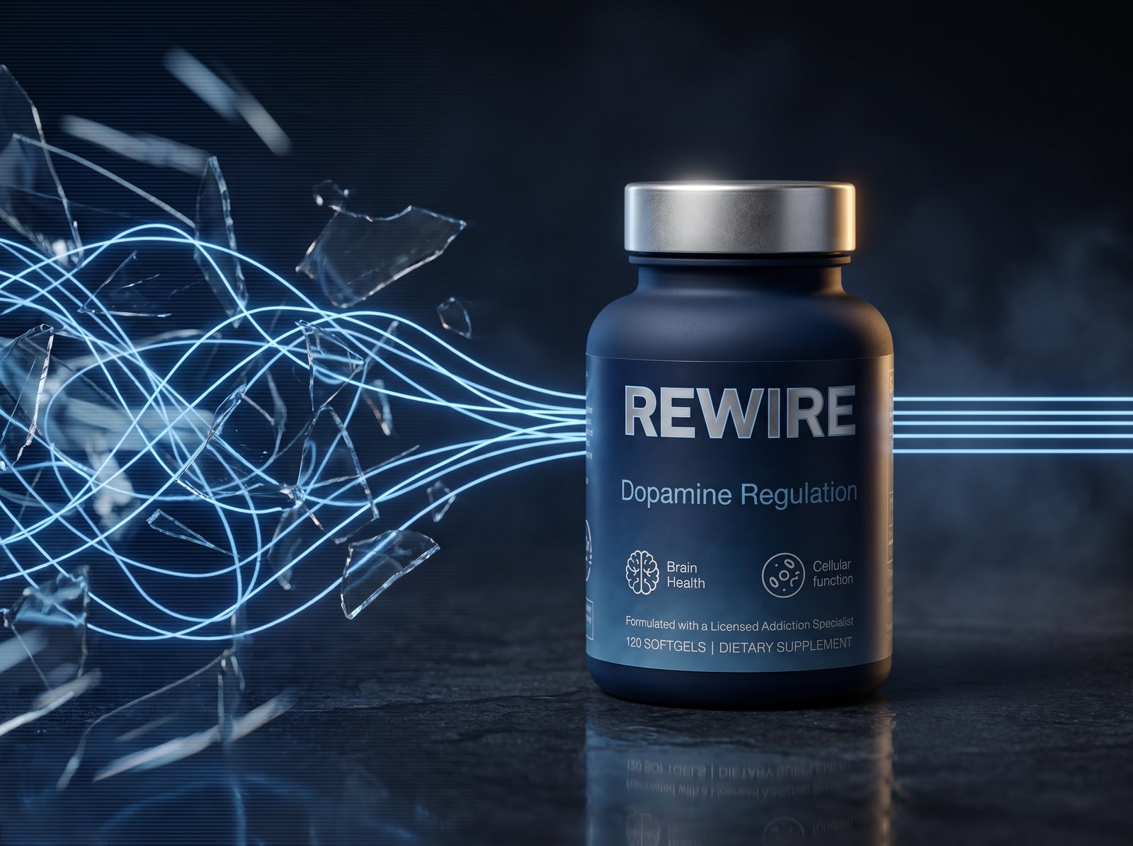 Neural-blue lines resolving from shattered glass into the bottle